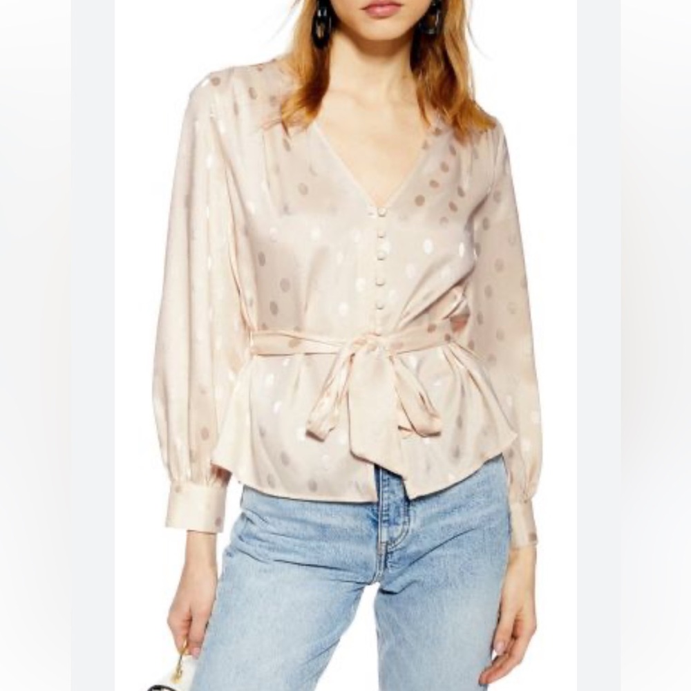 NWT Top Shop Button Up Polka Dot Belted Blouse Long Sleeve Cream Satin Size 2